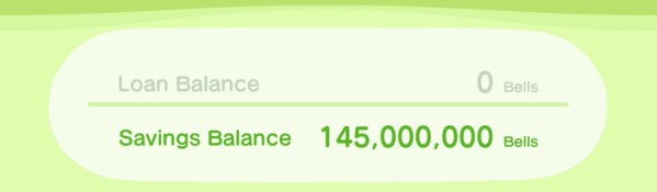 Savings Balance: 145,000,000 bells.