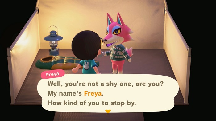 Freya, at the campsite: Well, you're not a shy one, are you? My name's Freya. How kind of you to stop by.
