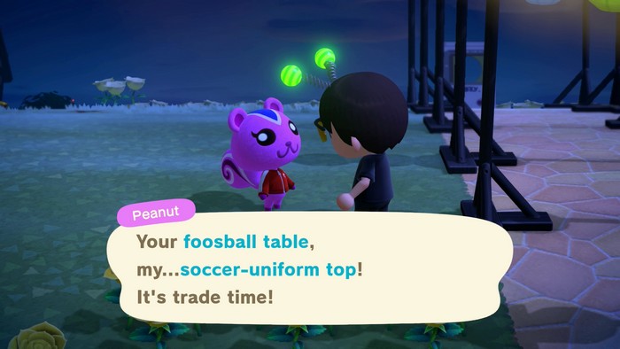Peanut: Your foosball table, my...soccer-uniform top! It's trade time!