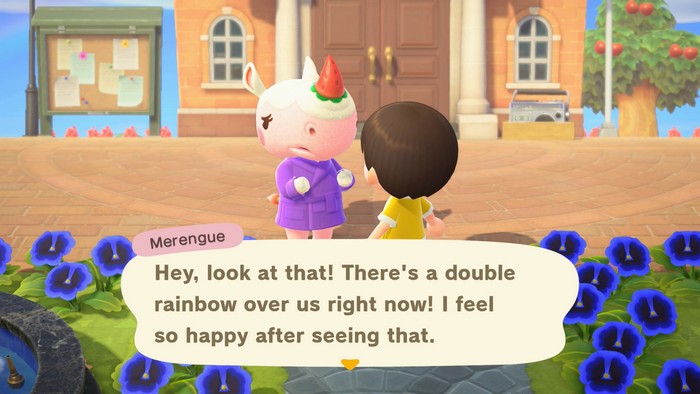 Merengue: Hey, look at that! There's a double rainbow over us right now! I feel so happy after seeing that.