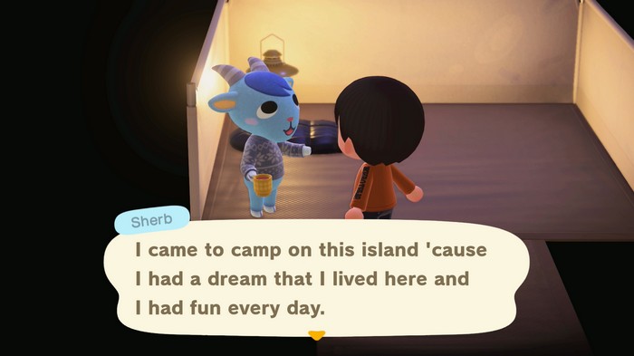 Sherb, at the campsite: I came to camp on this island 'cause I had a dream that I lived here and I had fun every day.