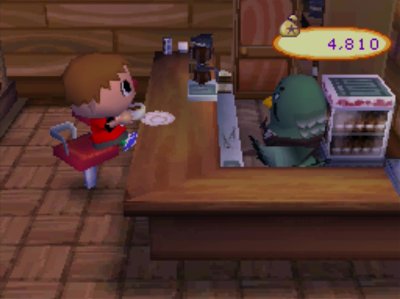I drink some coffee in the Roost in Animal Crossing: Wild World.