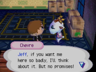 Chevre: Jeff, if you want me here so badly, I'll think about it. But no promises!
