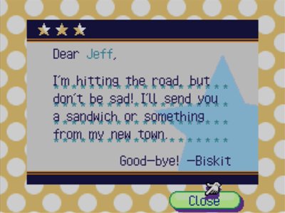 Biskit's goodbye letter in Animal Crossing: Wild World.