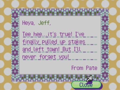 Pate's goodbye letter in Animal Crossing: Wild World.