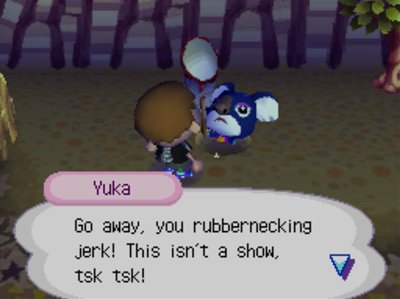Yuka: Go away, you rubbernecking jerk! This isn't a show, tsk tsk!