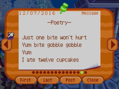 - Poetry - Just one bite won't hurt. Yum bite gobble gobble. Yum. I ate twelve cupcakes.