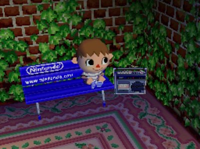 Sitting on the Nintendo bench in Animal Crossing: Wild World.