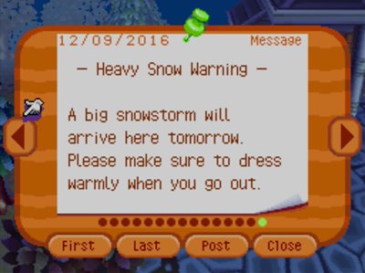 - Heavy Snow Warning - A big snowstorm will arrive here tomorrow. Please make sure to dress warmly when you go out.