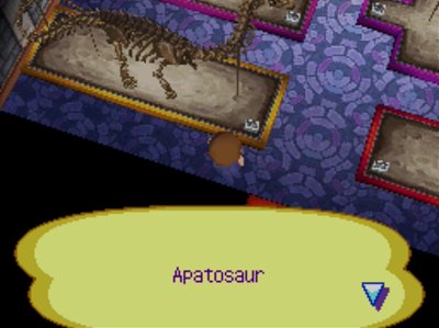The complete apatosaur on display in the museum in Animal Crossing: Wild World.