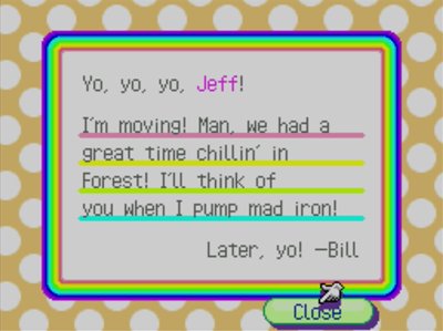 Bill's goodbye letter in Animal Crossing: Wild World.