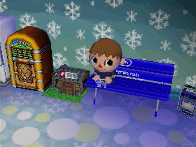 My jukebox from Wishy, my Nook's Cranny from Tom Nook, and the snowman wall from the snowman.