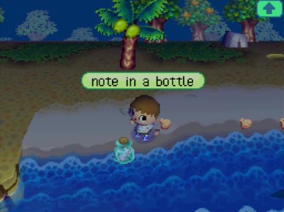 Finding a note in a bottle on the beach in Animal Crossing: Wild World.
