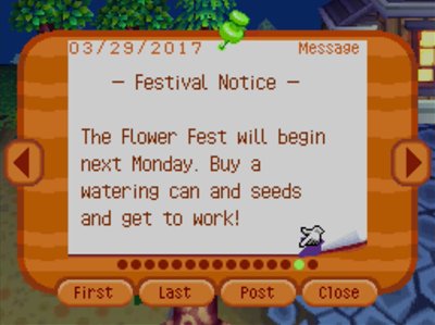 -Festival Notice- The Flower Fest will begin next Monday. Buy a watering can and seeds and get to work!