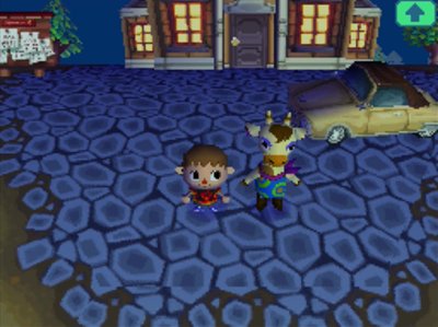 Gracie stands near her car outside of town hall in Animal Crossing: Wild World.