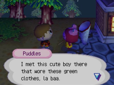 Puddles: I met this cute boy there that wore these green clothes, la baa.