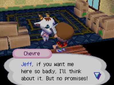 Chevre: Jeff, if you want me here so badly, I'll think about it. But no promises!