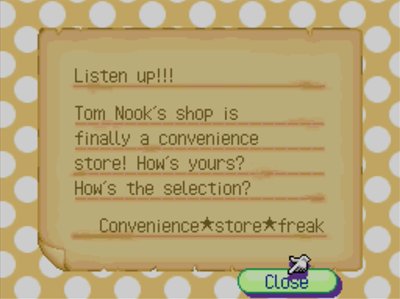 Listen up!!! Tom Nook's shop is finally a convenience store! How's yours? How's the selection? -Convenience*store*freak