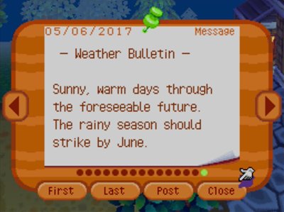 -Weather Bulletin- Sunny, warm days through the foreseeable future. The rainy season should strike by June.