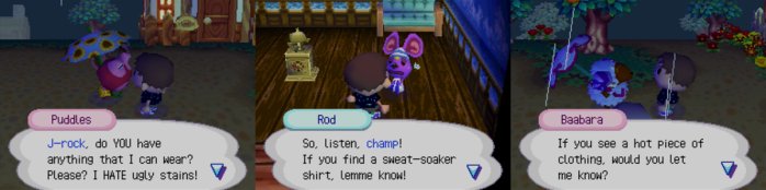 Puddles, Rob, and Baabara all ask me for some new clothes in Animal Crossing: Wild World.