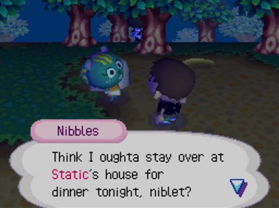 Nibbles: Think I oughta stay over at Static's house for dinner tonight, niblet?