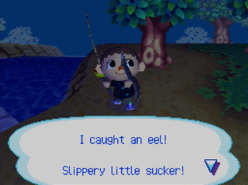 Animated GIF showing the eel I caught in Animal Crossing: Wild World (ACWW) for Nintendo DS (as played on Wii U Virtual Console).