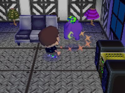 Static flips as he takes some medicine in Animal Crossing: Wild World.