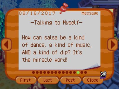 -Talking to Myself- How can salsa be a kind of dance, a kind of music, AND a kind of dip? It's the miracle word!