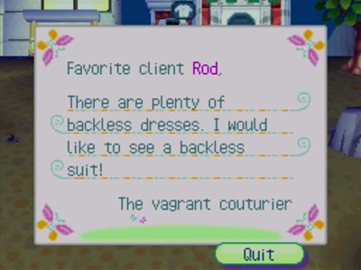 Favorite client Rod, There are plenty of backless dresses. I would like to see a backless suit! -The vagrant couturier