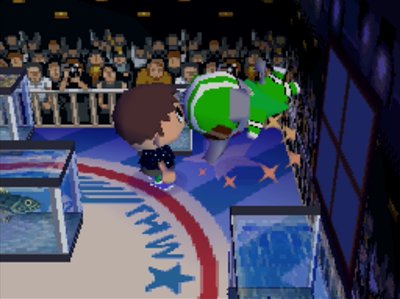 Big Top appears to fly as he gulps down some cold medicine in Animal Crossing: Wild World.