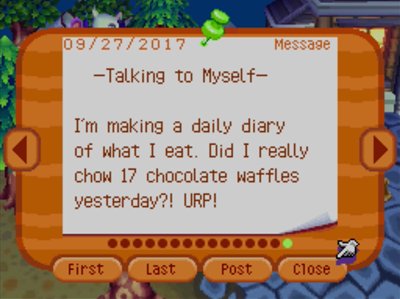-Talking to Myself- I'm making a daily diary of what I eat. Did I really chow 17 chocolate waffles yesterday?! URP!