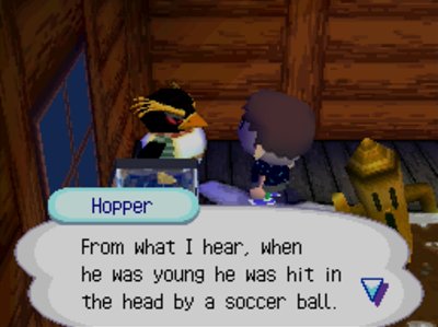 Hopper: From what I hear, when he was young he was hit in the head by a soccer ball.