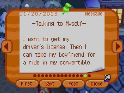 -Talking to Myself- I want to get my driver's license. Then I can take my boyfriend for a ride in my convertible.
