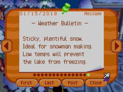 -Weather Bulletin- Sticky, plentiful snow. Ideal for snowman making. Low temps will prevent the lake from freezing.