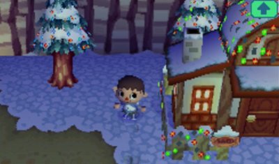 Bud's house decorated with lights for the Bright Nights festival in Animal Crossing: Wild World.