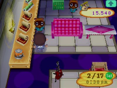 Timmy walks in circles around a green lamp in Nookington's.