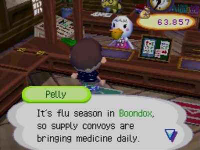 Pelly: It's flu season in Boondox, so supply convos are bringing medicine daily.