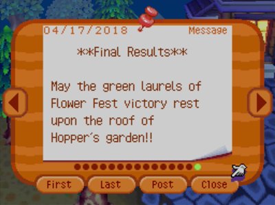 **Final Results** May the green laurels of Flower Fest victory rest upon the roof of Hopper's garden!!