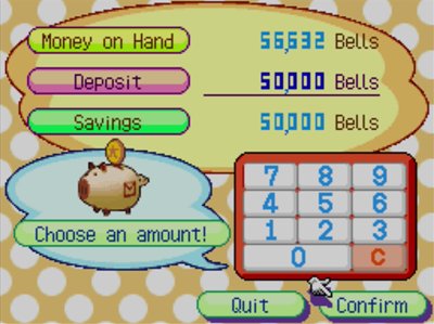 Depositing 50,000 bells into my savings account in Animal Crossing: Wild World.