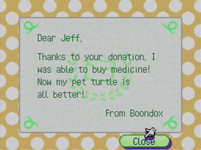 Dear Jeff, Thanks to your donation, I was able to buy medicine! Now my pet turtle is all better! -From Boondox