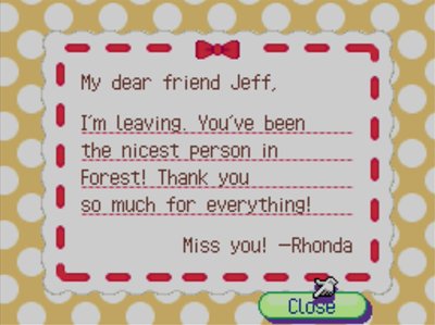 My dear friend Jeff, I'm leaving. You've been the nicest person in Forest! Thank you so much for everything! Miss you! -Rhonda