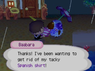 Baabara: Thanks! I've been wanting to get rid of my tacky Spanish shirt!