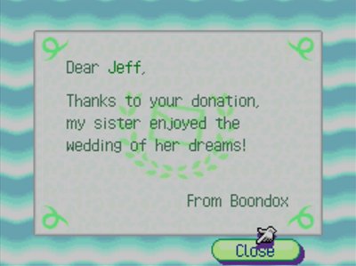 Dear Jeff, Thanks to your donation, my sister enjoyed the wedding of her dreams! -From Boondox