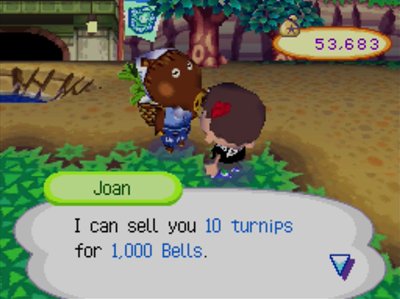 Joan: I can sell you 10 turnips for 1,000 bells.