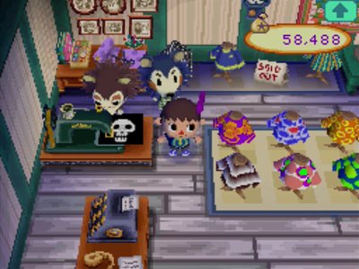 Sable sews a skull shirt.