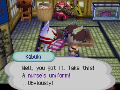 Kabuki: Well, you got it. Take this! A nurse's uniform! ...Obviously!