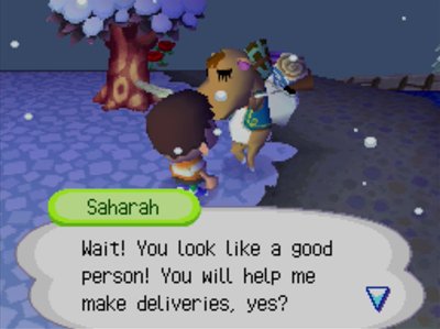 Saharah: Wait! You look like a good person! You will help me make deliveries, yes?