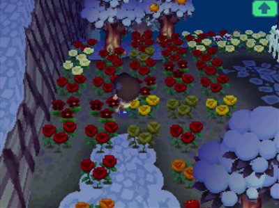Snow on the ground and wilted flowers in Animal Crossing: Wild World.