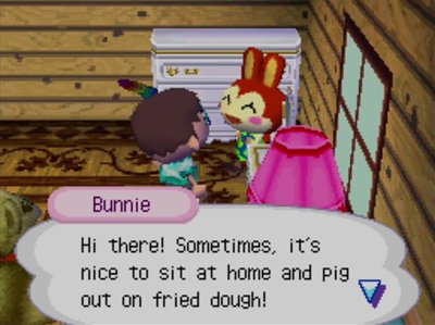 Bunnie: Hi there! Sometimes, it's nice to sit at home and pig out on fried dough!