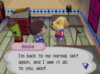 Goldie: I'm back to my normal self again, and I owe it all to you, woof.